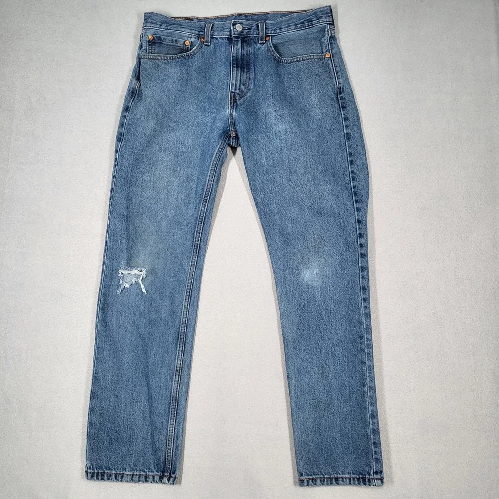 Levi's 505 Jeans Men's 34x32 Light Wash Blue Regular Fit Straight Leg Distressed